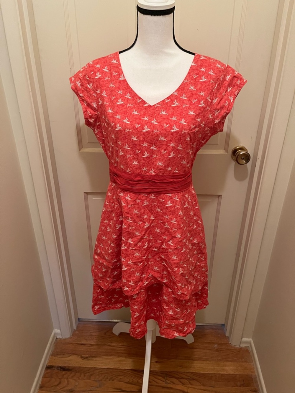 Mata Traders Red origami Crane Print Cotton Dress Large Boho Fit & Flare tiered